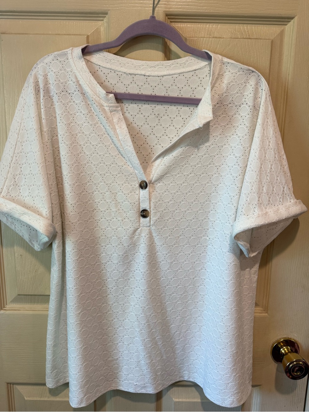 SHEIN White Eyelet Henley Short Sleeve Blouse